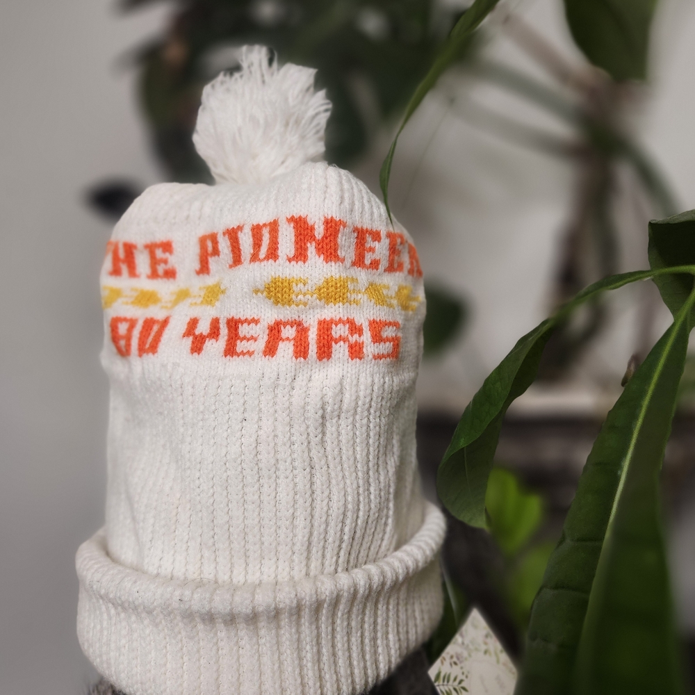 70s 80s Ski Vintage White and Orange Beanie Touque Hat